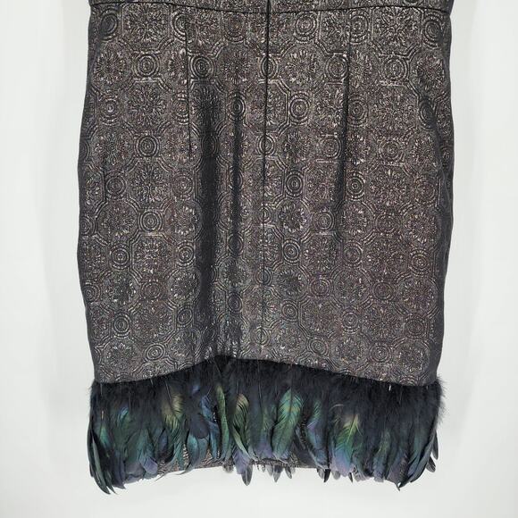 Badgley Mischka Feather Hem Cocktail Dress 10 Metallic Brocade Sleeveless Black - Picture 9 of 11